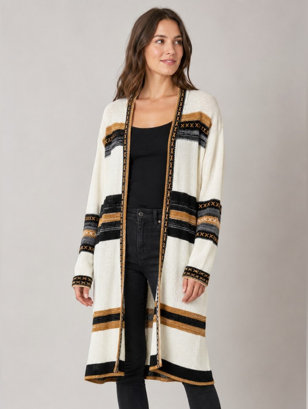 Long Southwestern Boho Cardigan Duster Cream Black Camel Shein Size Large
